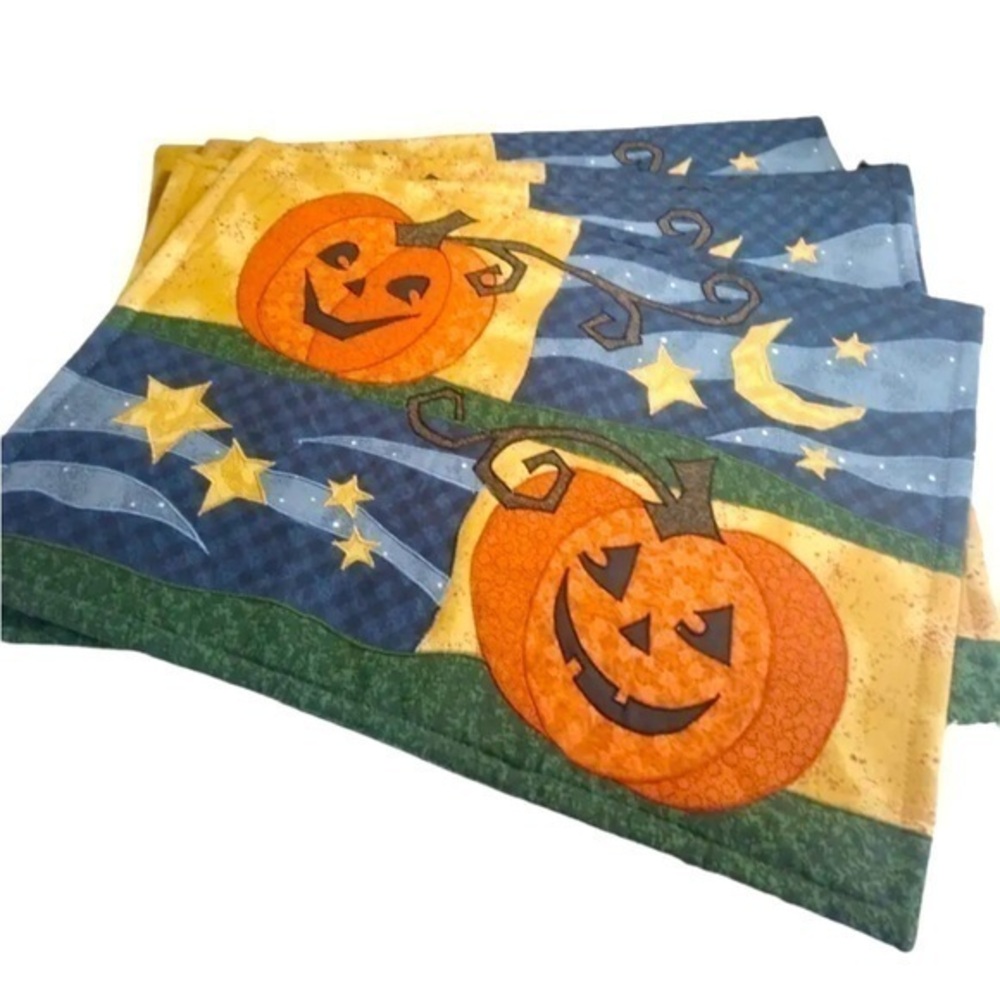 4 Quilted Halloween Jack O Lantern Fabric Placemats Pumpkin Moon Stars 18” x 13”